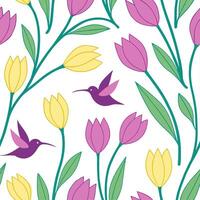 Vibrant Easter tulips and hummingbirds seamless tile pattern with lively spring vibes concept as Lively spring vibes with vibrant Easter tulips and hummingbirds create seamless til Clean vector