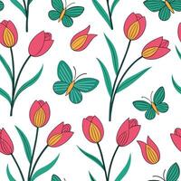 Vibrant Easter tulips and butterflies seamless tile pattern with lively spring elements concept as Lively spring elements like vibrant tulips and butterflies create seamless tile p Clean vector