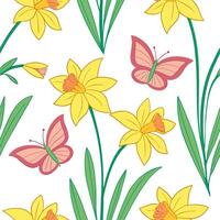 Vibrant Easter daffodils and butterflies seamless tile pattern with lively spring colors concept as Lively spring colors highlight vibrant Easter daffodils and butterflies in seaml Cleans vector