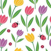 Vibrant Easter tulips and ladybugs seamless tile pattern with colorful spring accents concept as Colorful spring accents with vibrant Easter tulips and ladybugs create seamless til Clean vector