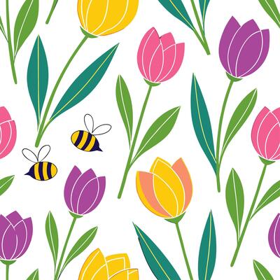 Vibrant Easter tulips and bees seamless tile pattern with lively spring elements concept as Lively spring elements like vibrant Easter tulips and bees create seamless tile pattern Clean