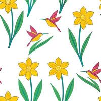Vibrant Easter daffodils and hummingbirds seamless tile pattern with lively spring energy concept as Lively spring energy with vibrant Easter daffodils and hummingbirds create seam Cleans vector