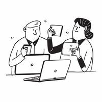 Two Office Assistants with Coffee Cups and Laptops concept as Two office assistants holding coffee cups and using laptops set against a Cleans background offering ample space for te Cleans vector
