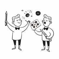 Two Painters with Paintbrushes and Color Palettes concept as Two painters holding paintbrushes and color palettes set against a Cleans background offering ample space for text or gr Cleans vector