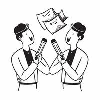 Two Musicians with Microphones and Music Sheets concept as Two musicians holding microphones and music sheets set against a Cleans background offering ample space for text or graphi Cleans vector