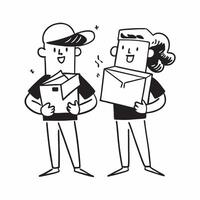 Two Delivery Workers with Boxes and Smiles concept as Two delivery workers holding boxes and smiling set against a Cleans background offering ample space for text or graphics symbol Cleans vector