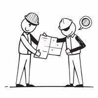 Two Construction Workers with Hammers and Blueprints concept as Two construction workers holding hammers and blueprints set against a Cleans background offering ample space for text Cleans vector