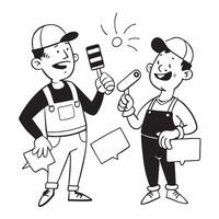 Two Decorators with Paint Rollers and Color Swatches concept as Two decorators holding paint rollers and color swatches set against a Cleans background offering ample space for text Cleans vector