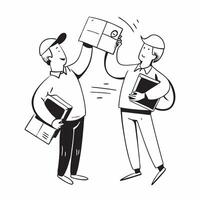 Two Couriers with Delivery Boxes and Clipboards concept as Two couriers holding delivery boxes and clipboards set against a Cleans background offering ample space for text or graphi Cleans vector