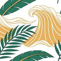 Tropical summer waves seamless pattern with palm leaves and wave textures for exotic beach themed designs concept as Tropical beach wave pattern with palm leaves and wave textures Cleans vector