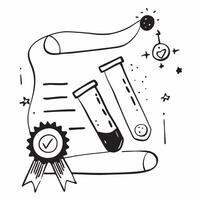 Test Tubes with Certificate and ISO Badge concept as Test tubes with a certificate and an ISO badge set against a whimsical background offering ample space for text or graphics sym Cleans vector