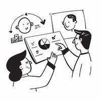 Team members discussing quarterly targets in a business meeting concept as A illustration of team members discussing quarterly targets in a business meeting using a 3 color Cleans vector