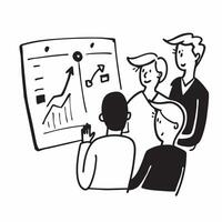 Team members discussing market trends in a business meeting concept as A illustration of team members discussing market trends in a business meeting using a 3 color tone to Cleans vector