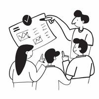 Team members discussing market trends in a business meeting concept as A illustration of team members discussing market trends in a business meeting using a 3 color tone to Cleans Set 2 vector