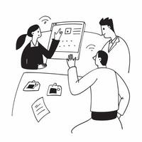 Team discussing project milestones in a meeting room concept as A illustration of a team discussing project milestones in a meeting room utilizing a 3 color palette to highl Cleans Set 2 vector
