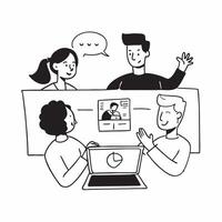 Team discussing project milestones in a meeting room concept as A illustration of a team discussing project milestones in a meeting room utilizing a 3 color palette to highl Cleans vector