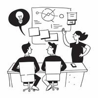 Team brainstorming ideas in a creative meeting room concept as A illustration of a team brainstorming ideas in a creative meeting room using a 3 color scheme to highlight in Cleans vector