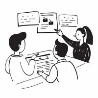 Team discussing customer feedback in a business meeting concept as A illustration of a team discussing customer feedback in a business meeting using a 3 color scheme to high Cleans vector
