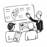 Team discussing customer feedback in a business meeting concept as A illustration of a team discussing customer feedback in a business meeting using a 3 color scheme to high Cleans Set 2 vector