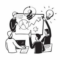 Team brainstorming ideas in a creative meeting room concept as A illustration of a team brainstorming ideas in a creative meeting room using a 3 color scheme to highlight in Cleans Set 2 vector