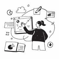 Teacher with Virtual Classroom and Charts concept as An image of a teacher with a virtual classroom and charts set against a dreamy background offering ample space for text or grap Cleans vector