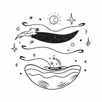 Surfer with Surfboard and Necklace in Mystical Ocean concept as Wide shot of a surfer with a surfboard and necklace riding waves in a mystical ocean The background features glowin Cleans vector