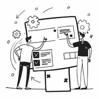 Support Team with Headsets and Computers concept as A support team using headsets and working on computers set against a whimsical background offering ample space for text or graph Cleans vector