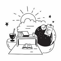 Sunrise and Desk concept as A sunrise view with a desk set against a whimsical background offering ample space for text or graphics symbolizing the start of the workday and the bal Cleans vector