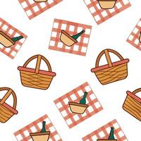 Summer picnic seamless tile pattern with checkered blankets and picnic baskets for outdoor fun concept as Checkered picnic blankets and picnic baskets arranged in a seamless patter Cleans vector