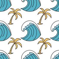 Summer beach seamless tile pattern with vibrant waves and palm trees for coastal home decor concept as Bright waves and palm trees in a seamless pattern for creating a vibrant and Cleans vector