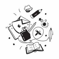 Student with School Supplies and Laptop concept as A student surrounded by school supplies and using a laptop set against a whimsical background offering ample space for text or gr Cleans Set 2 vector