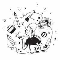 Student with School Supplies and Laptop concept as A student surrounded by school supplies and using a laptop set against a whimsical background offering ample space for text or gr Cleans vector