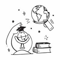 Student with Globe and Textbooks concept as A student holding a globe and surrounded by textbooks set against a whimsical background offering ample space for text or graphics symbo Cleans vector