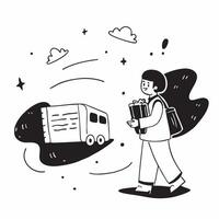 Student with Books and School Bus concept as A student holding books and standing beside a school bus set against a dreamy background offering ample space for text or graphics symb Cleans vector