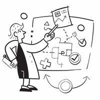 Strategist with Puzzle and Flowchart concept as A strategist working with a puzzle and a flowchart set against a whimsical background offering ample space for text or graphics symb Cleans vector