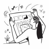 Strategist with Blueprint and Laptop concept as A strategist reviewing a blueprint and using a laptop set against a whimsical background offering ample space for text or graphics s Cleans vector