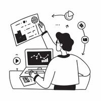 Stock trader using smart contracts for automated stock valuation concept as A stock trader in a trading room using smart contracts on a laptop for automated stock valuation highlig Cleans vector