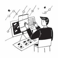Stock Trader with Monitors and Trading Software in Futuristic Trading Floor concept as Long shot of a stock trader using multiple monitors and trading software in a futuristic trad Cleans Set 2 vector