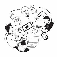 Startup team collaborating on a business plan concept as A illustration of a startup team collaborating on a business plan using laptops and digital tools with an 8 color pa Cleans Set 2 vector