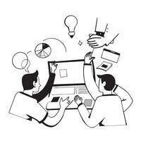 Startup team collaborating on a business plan concept as A illustration of a startup team collaborating on a business plan using laptops and digital tools with an 8 color pa Cleans vector