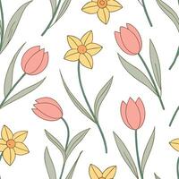 Spring pastel seamless pattern with tulips and daffodils for fresh lively spring spaces concept as Fresh tulips and daffodils arranged in seamless spring pastel patterns for a live Cleans vector