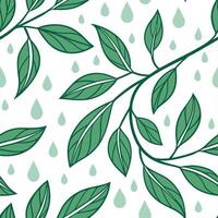 Spring nature seamless pattern with gentle rain droplets on leaves and soft green hues for serene designs concept as Seamless pattern with soft green leaves and gentle rain droplet Cleans vector