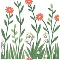 Spring meadow seamless pattern with wildflowers and greenery for rustic charm concept as Rustic spring meadow featuring wildflowers and greenery arranged in a seamless pattern for Cleans vector