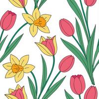 Spring flowers seamless tile pattern featuring vibrant tulips and daffodils for cheerful interiors concept as Bright tulips and daffodils arranged seamlessly in a lively tile patte Cleans vector