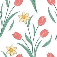 Soft pastel spring seamless tile pattern with small daffodils and tulips for cheerful decor concept as Cheerful spring daffodils and tulips arranged in soft pastel tones to create Cleans vector