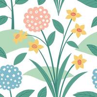 Soft spring garden seamless pattern with hydrangeas and daffodils for relaxing garden settings concept as Relaxing hydrangeas and daffodils arranged seamlessly for a calm and peace Cleans vector