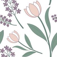 Soft pastel seamless tile pattern with tulips and lilacs for refreshing spring decor concept as Refreshing tulips and lilacs in soft pastel tones arranged seamlessly for a light an Cleans vector