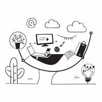 Social media strategist enjoying a hammock in the backyard concept as A social media strategist enjoying a hammock in the backyard brainstorming ideas on a tablet symbolizing relax Cleans vector