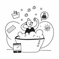 Social media strategist enjoying a relaxing bubble bath concept as A social media strategist enjoying a relaxing bubble bath while brainstorming social media campaigns highlighting Cleans vector