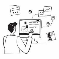 Social media manager scheduling posts on multiple platforms concept as A social media manager in a modern office scheduling posts on multiple social media platforms using a desktop Cleans vector